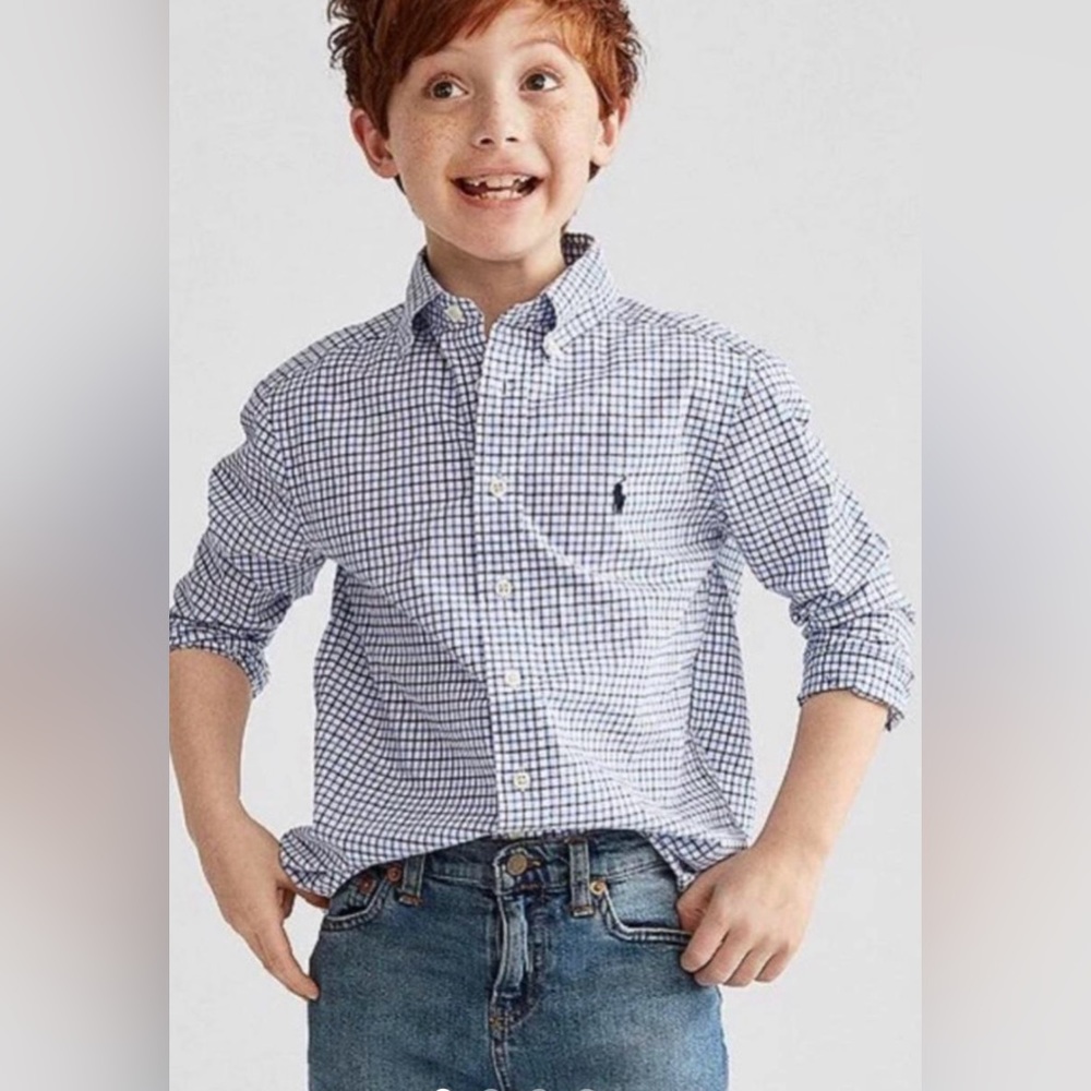 Ralph Lauren boys, medium 10/12, long sleeve,‎ button-down shirt, blue and white